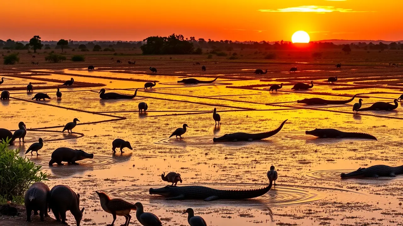 Visão panorâmica do Pantanal ao pôr do sol.