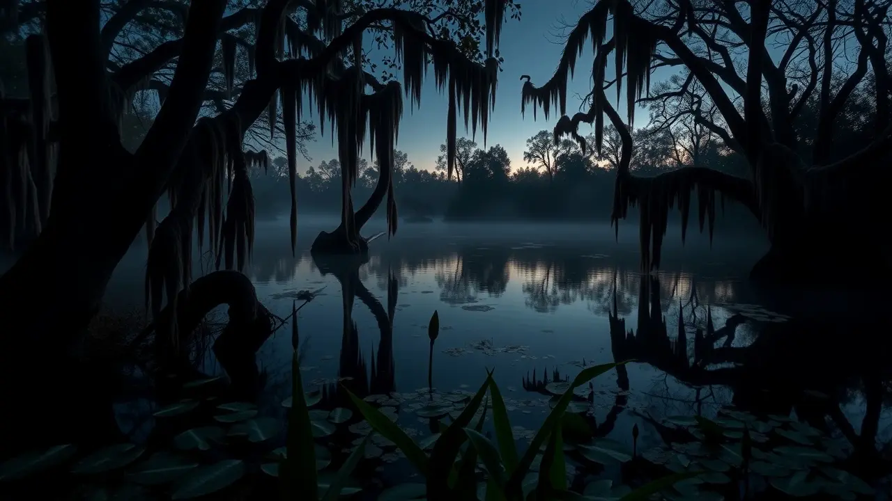 Sonhar com Pântano: Desvende os Significados Ocultos Pântano misterioso ao entardecer.