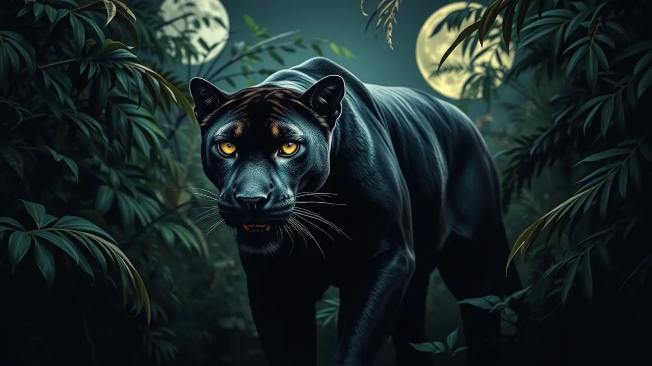 Sonhar com Pantera-Negra: Desvende os Significados Ocultos! Pantera-negra saindo de floresta iluminada pela lua
