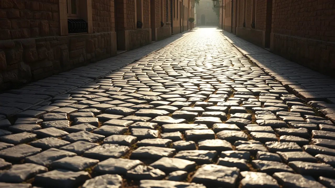 Caminho de paralelepípedos iluminado pela manhã