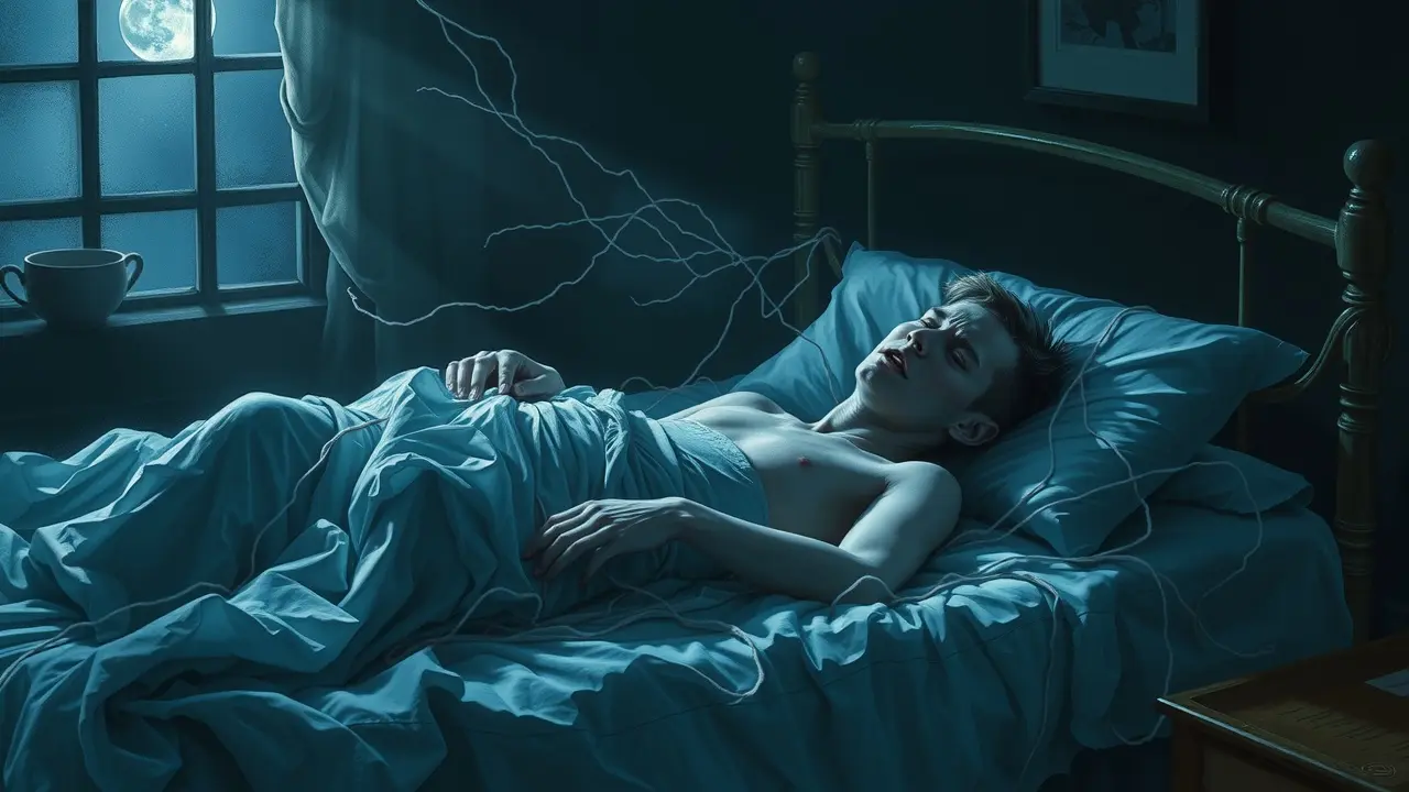 Sonhar com Paralisado: Descubra o Significado e as Interpretações Mulher deitada em cama, parcialmente transparente e paralisada, cena onírica.