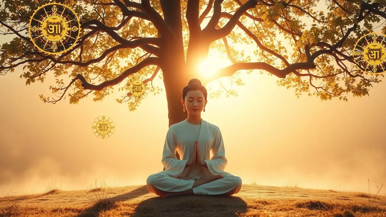 Significado de Sonhar com Paramita: Transcendência e Perfeição Pessoa meditando sob árvore Bodhi, representando Paramitas
