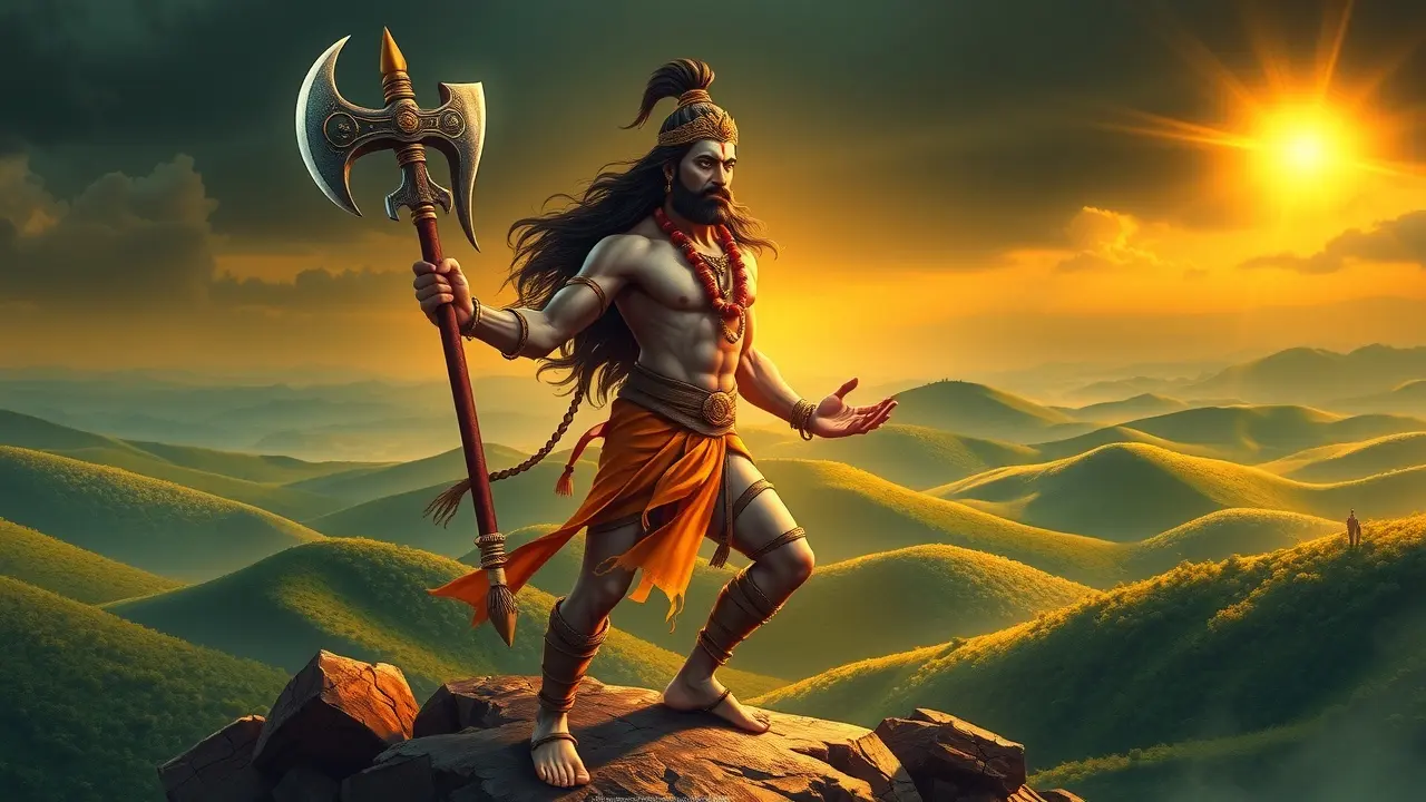 Sonhar com Parashurama: Desvende os Significados Ocultos Parashurama segurando seu machado ao amanhecer