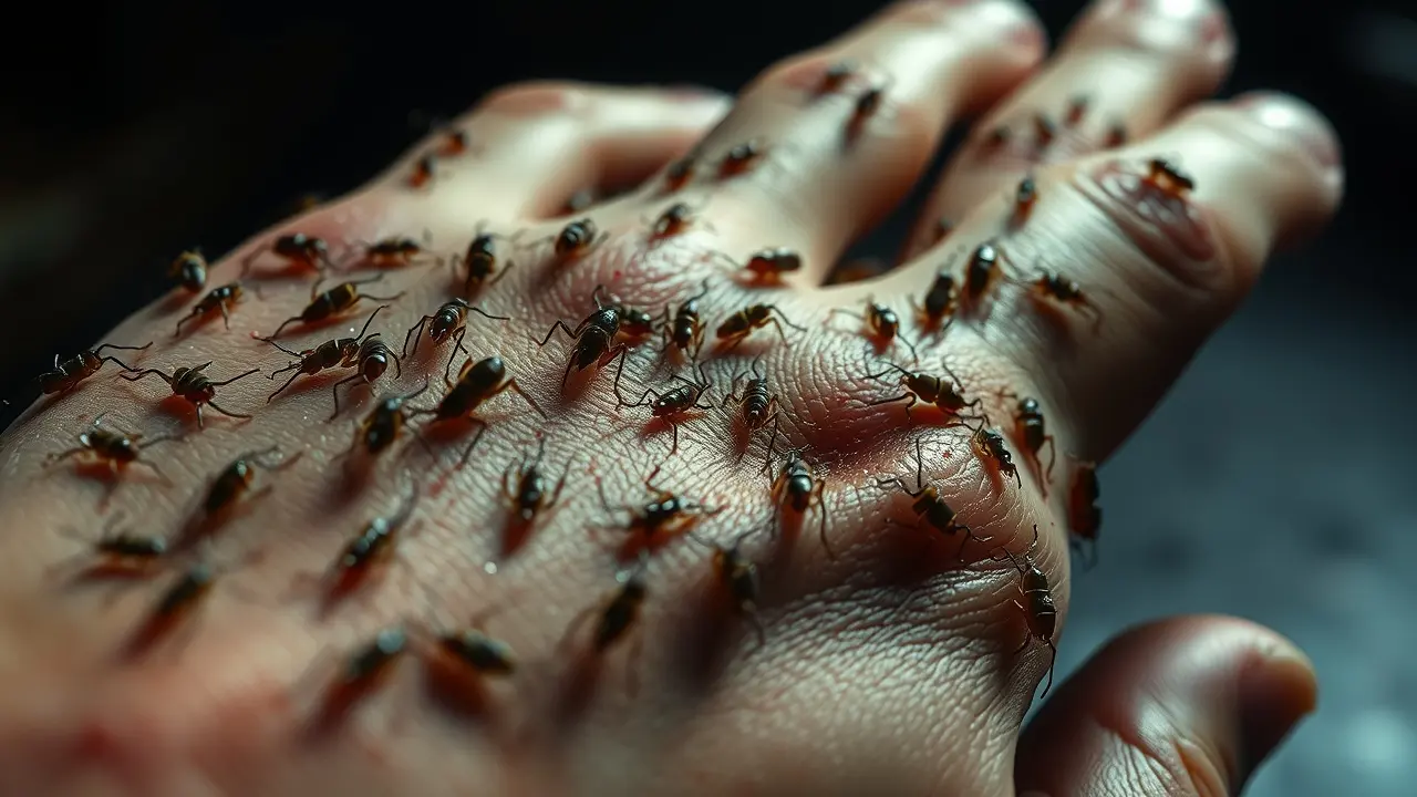 Mão coberta de parasitas