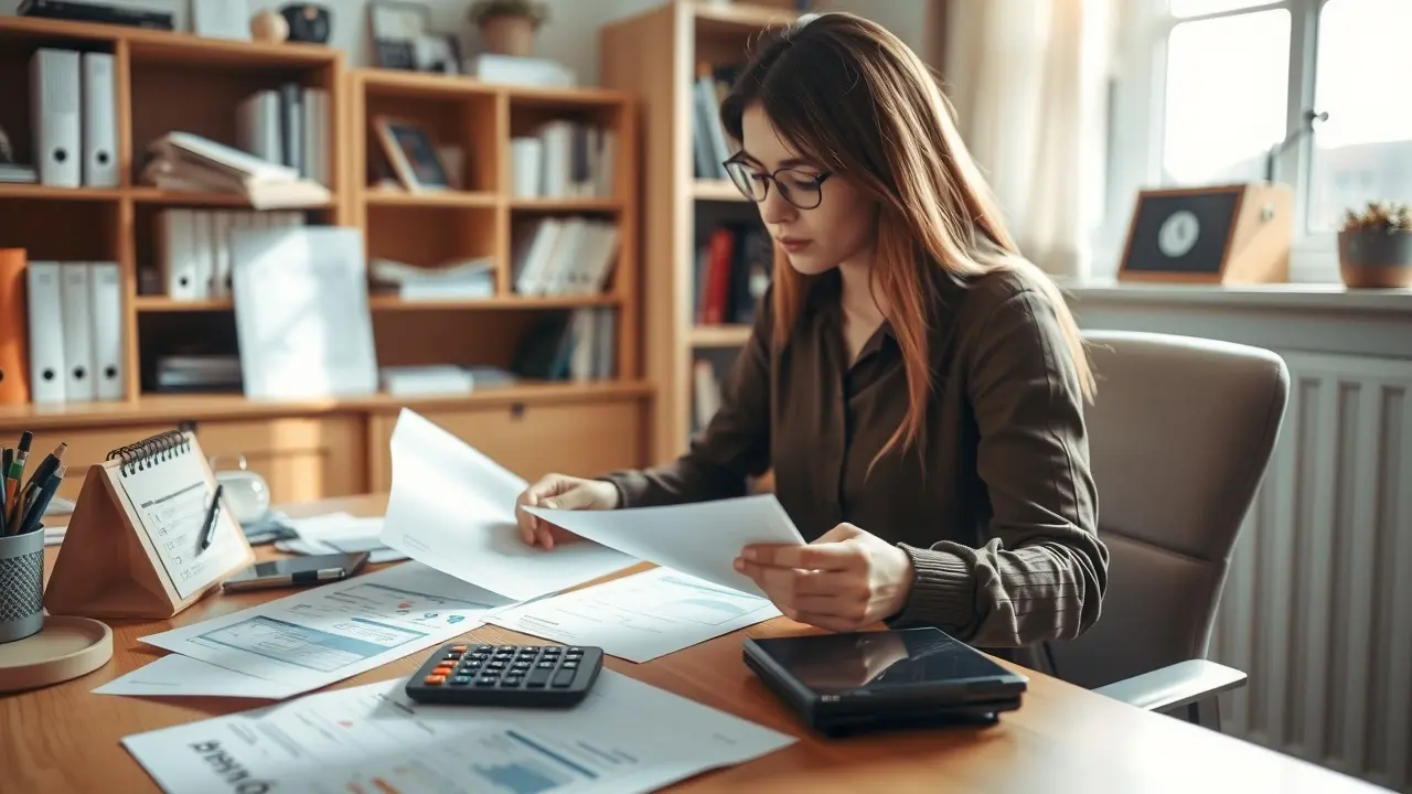 Sonhar com Parcelamento: Descubra os Significados e Interpretações Pessoa analisando documentos financeiros com calculadora e calendário