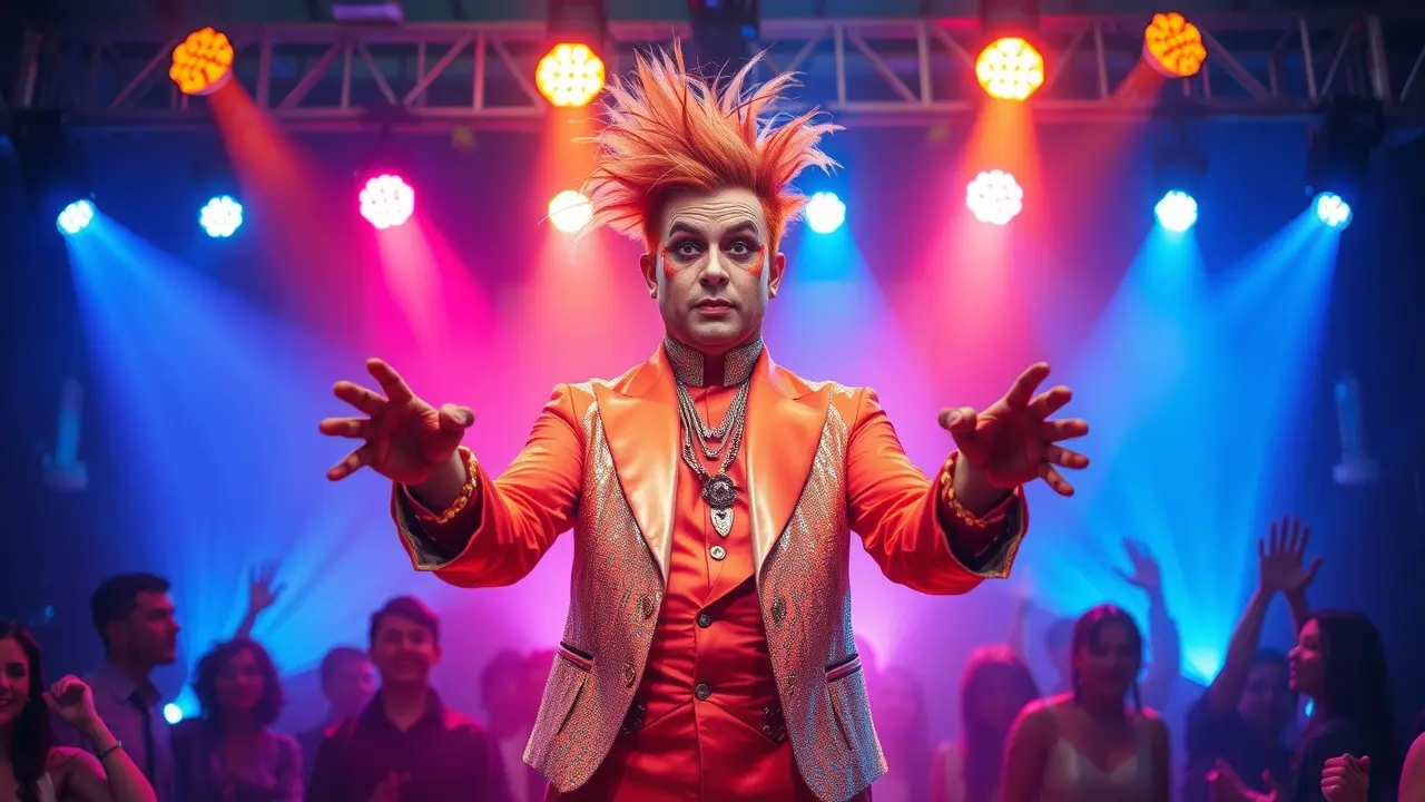 Sonhar com Parlapatice: Descubra o Significado e as Mensagens Ocultas Palhaço extravagante em um palco iluminado