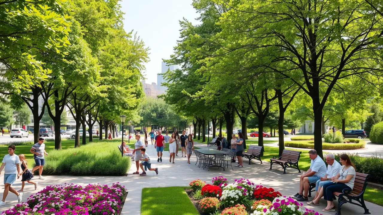 Parque ensolarado com pessoas aproveitando o dia.