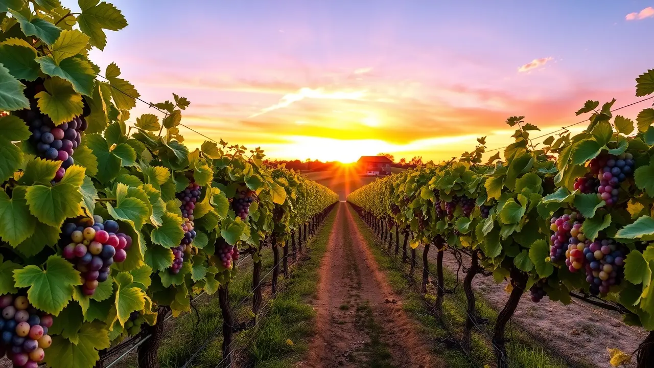 Vinhedo exuberante com uvas maduras.