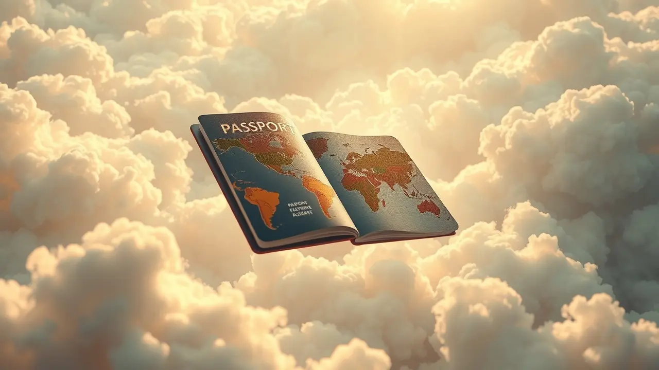 Sonhar com Passaporte: Descubra o Significado e as Mensagens Ocultas Passaporte flutuando nas nuvens, representando sonho de viagem.