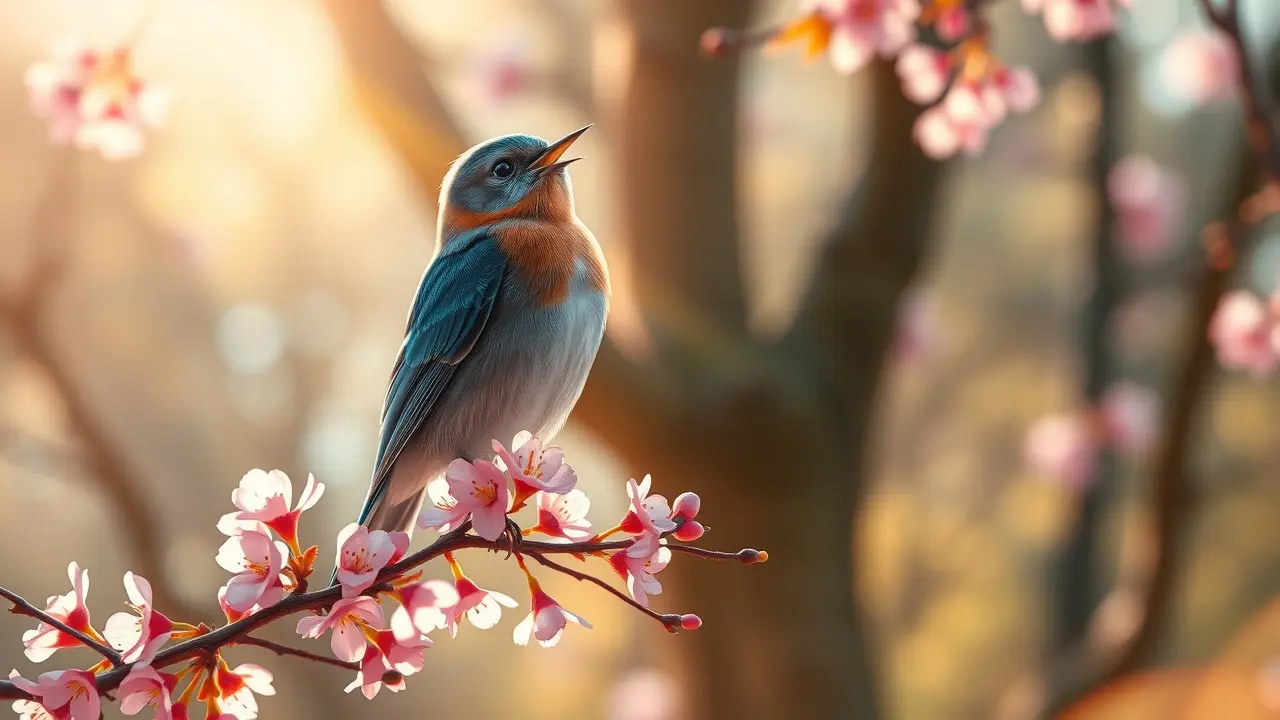 Pássaro azul vibrante em um galho florido