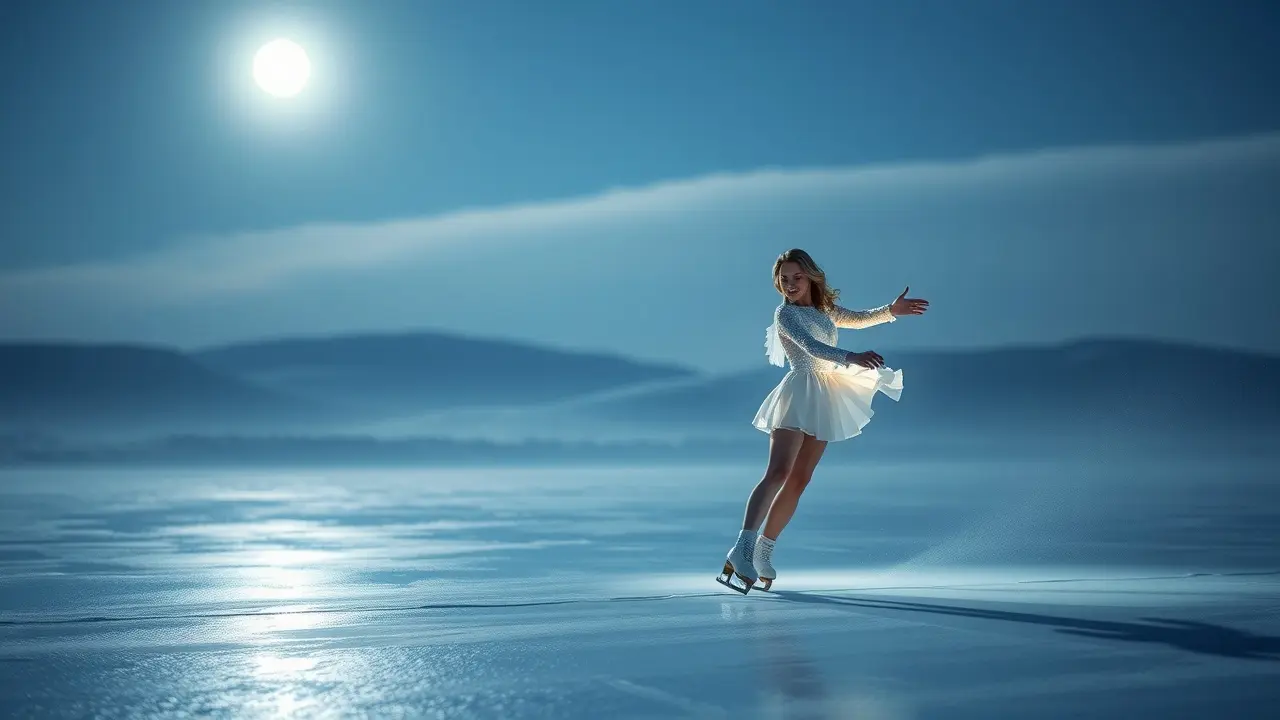 Pessoa patinando no gelo sob a luz do luar