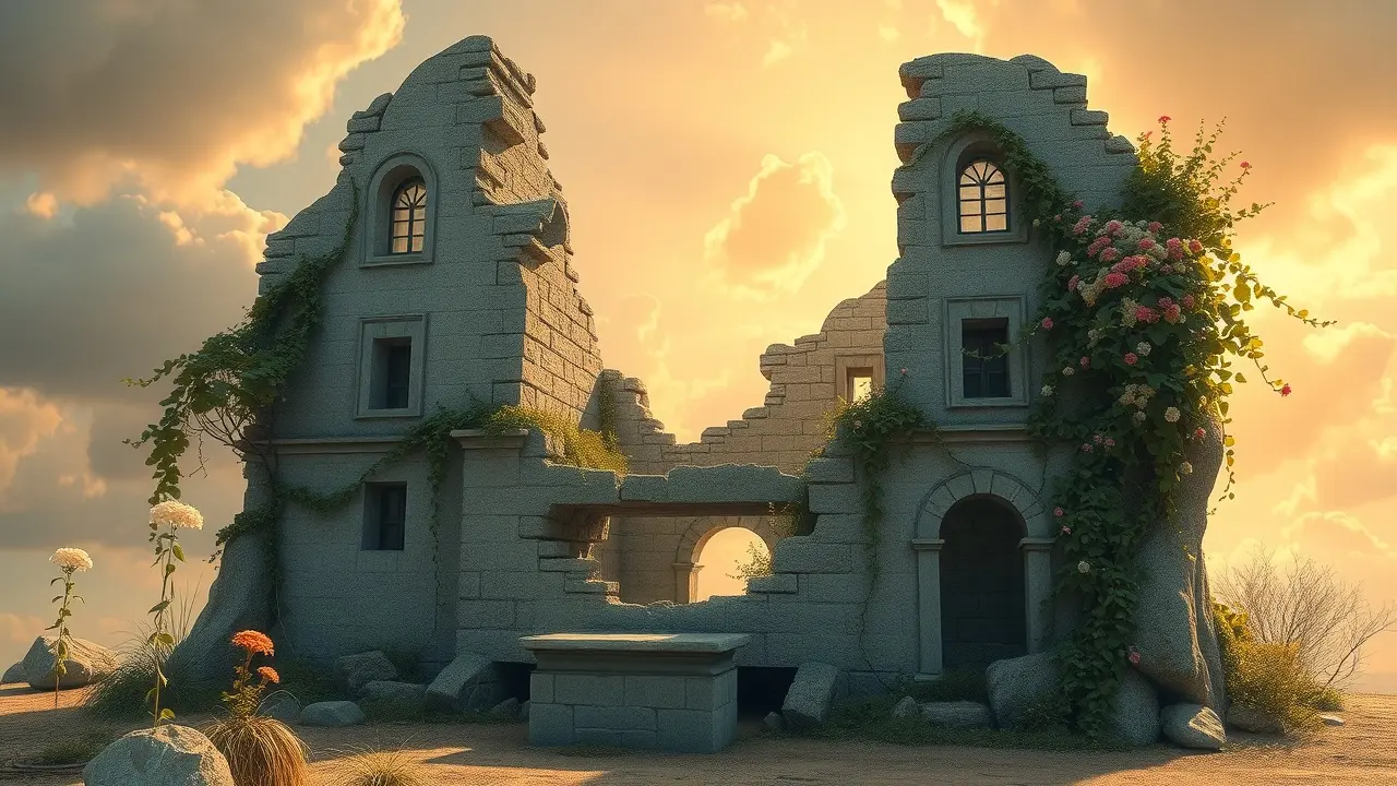 Ruínas do patriarcado cobertas por flores em sonho.