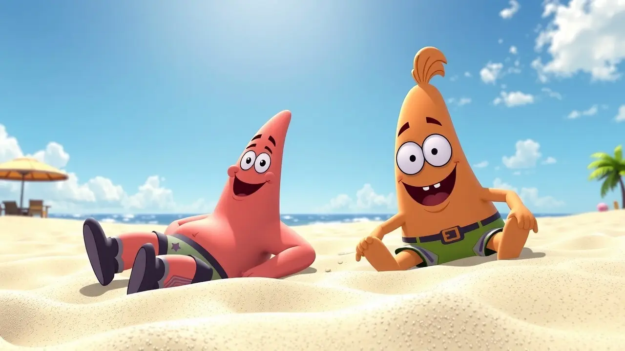 Sonhar com Patrick Star: Desvende os Significados! Patrick Star sorrindo na praia com Bob Esponja.