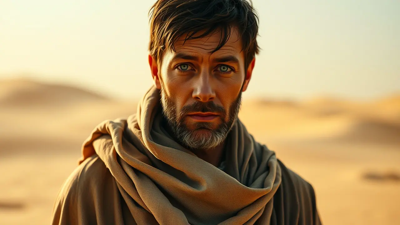 Paul Atreides no deserto de Arrakis com olhos azuis.