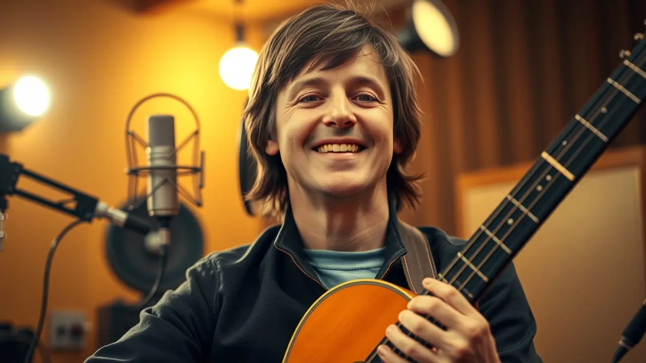 Paul McCartney sorrindo com violão, estúdio ao fundo
