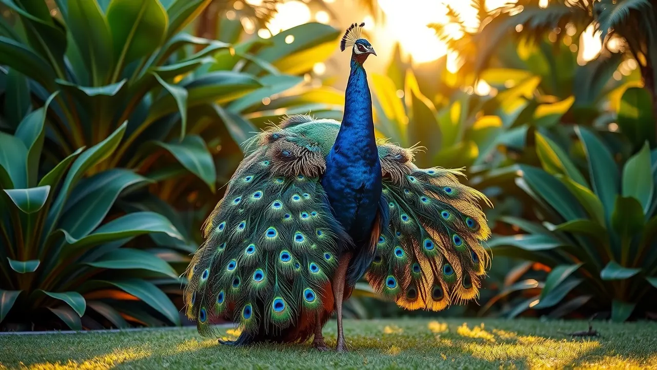 Pavão exibindo sua plumagem colorida