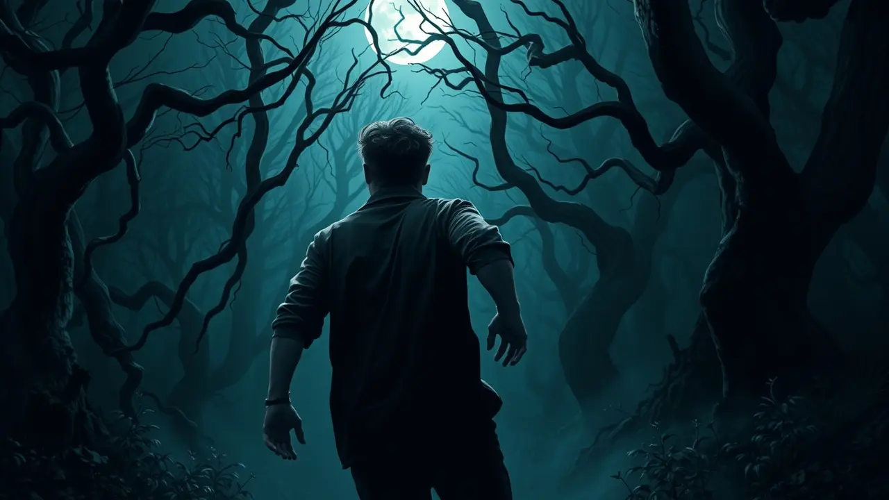 Pessoa correndo na floresta com medo.