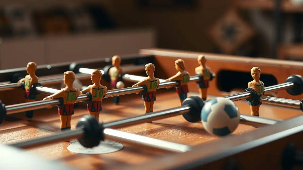 Mesa de pebolim vintage com jogadores desgastados.