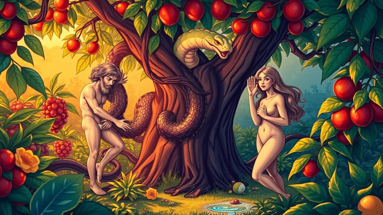 Ilustração do Jardim do Éden com Adão, Eva e a serpente.