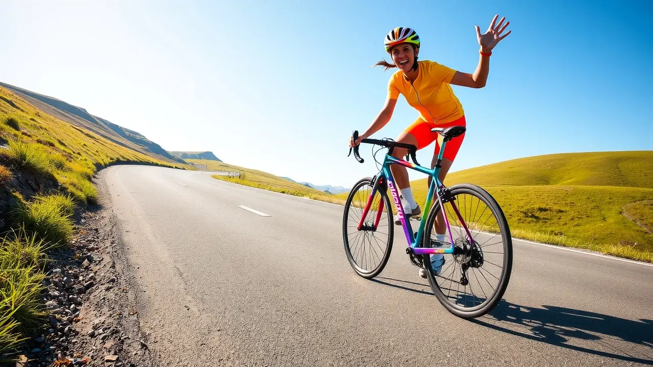 Pessoa pedalando bicicleta colorida subindo ladeira