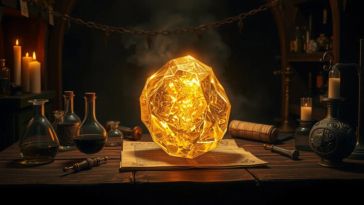 Sonhar com Pedra Filosofal: Desvende os Segredos da Alquimia Onírica Pedra Filosofal brilhante em laboratório alquímico