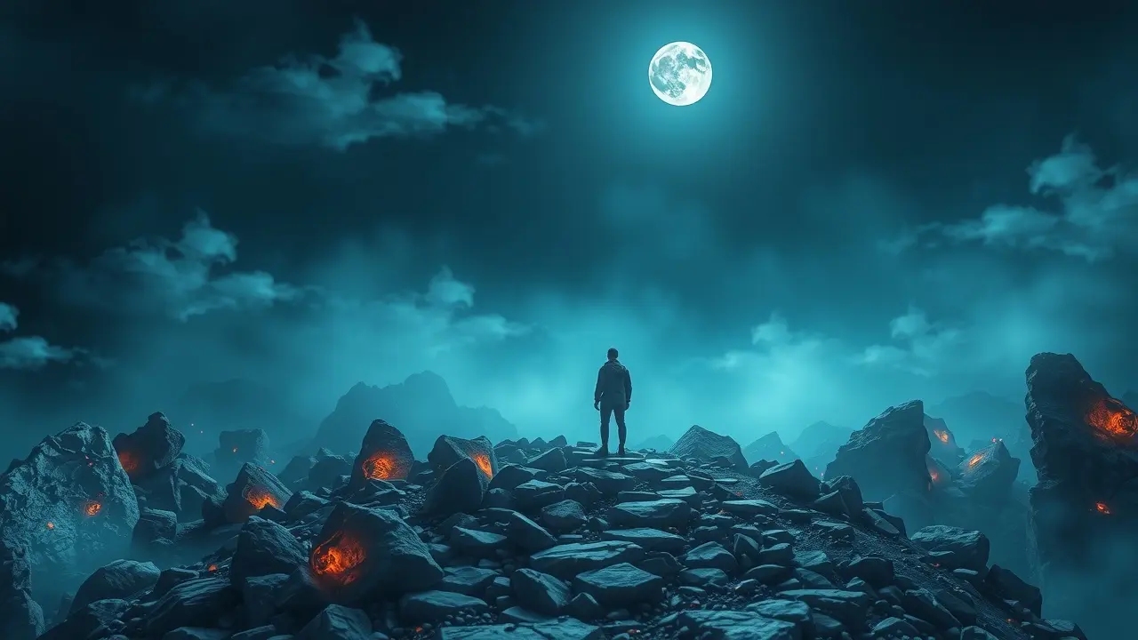 Sonho com pedras: caminho rochoso sob a luz da lua.