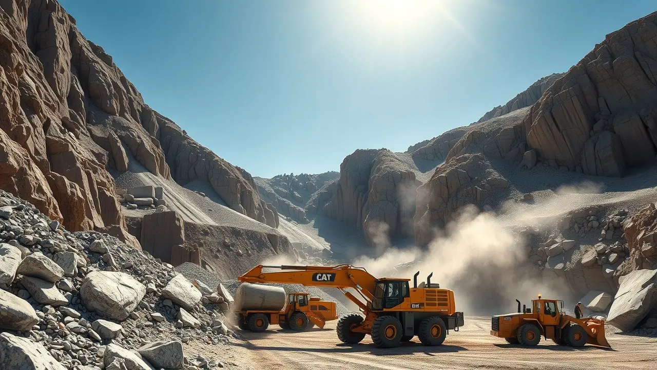 Pedreira movimentada com operários e máquinas.