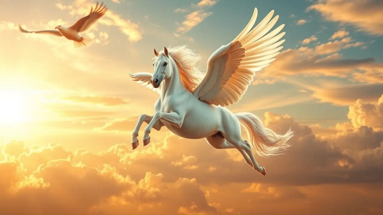 Sonhar com Pegasus: Descubra o Significado e as Mensagens Ocultas Pegasus branco voando no céu ao amanhecer