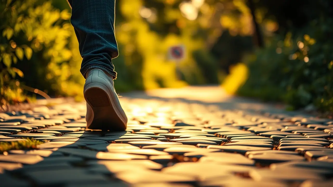 Pés caminhando em paralelepípedos, iluminados pelo sol
