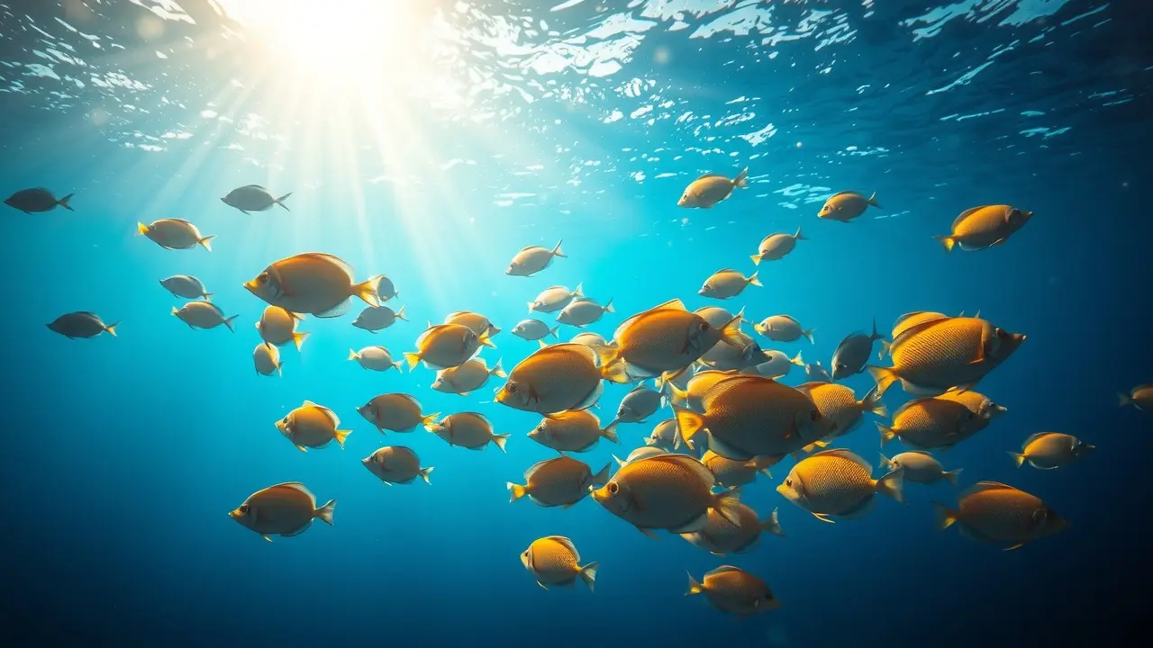 Cardume de peixes coloridos em águas cristalinas