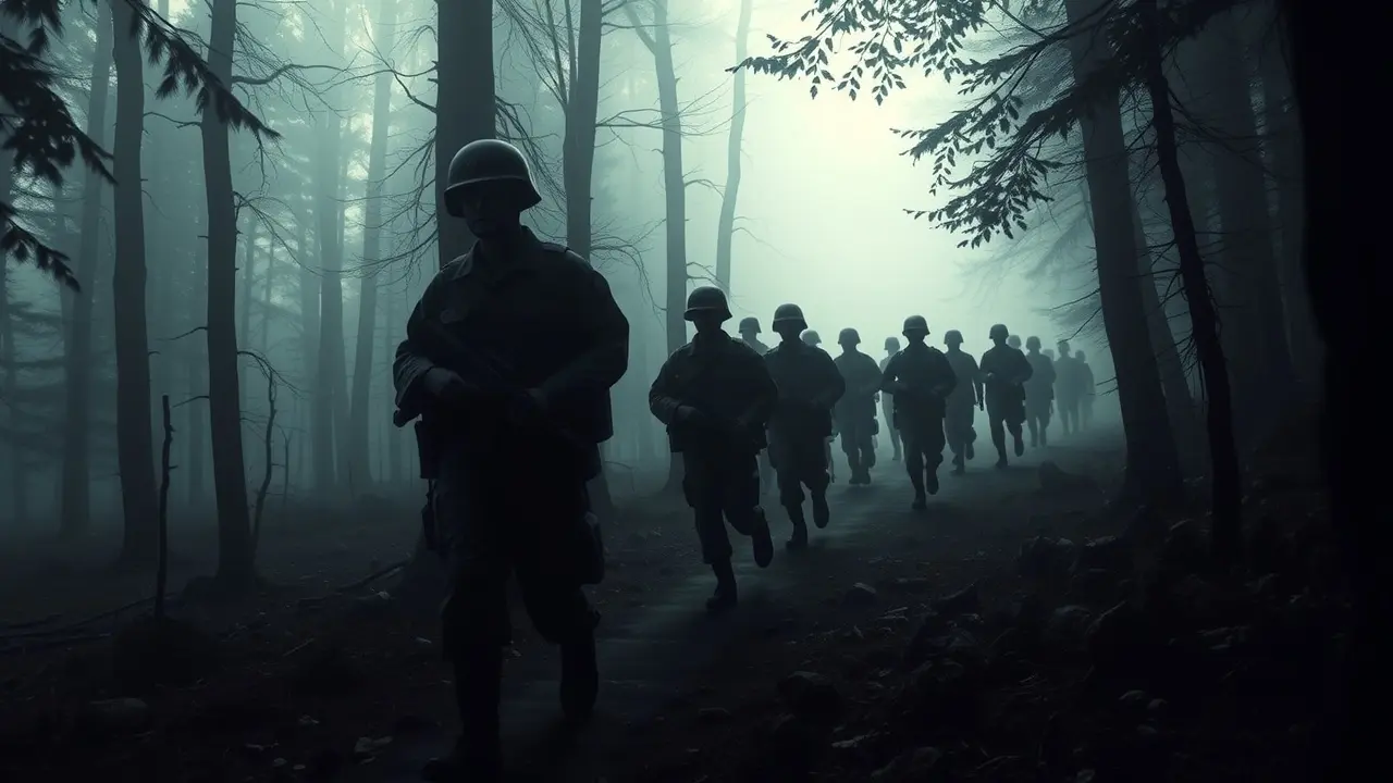 Sonhar com Pelotão: Desvende os Significados e Simbolismos Pelotão marchando em floresta nebulosa