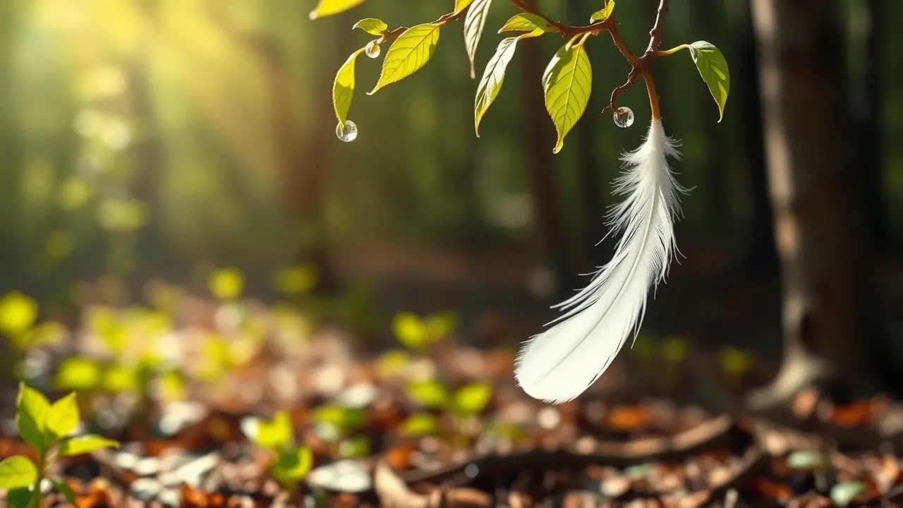 Sonhar com Pena: Descubra o Significado e as Mensagens Ocultas Pena branca caindo em floresta ensolarada.