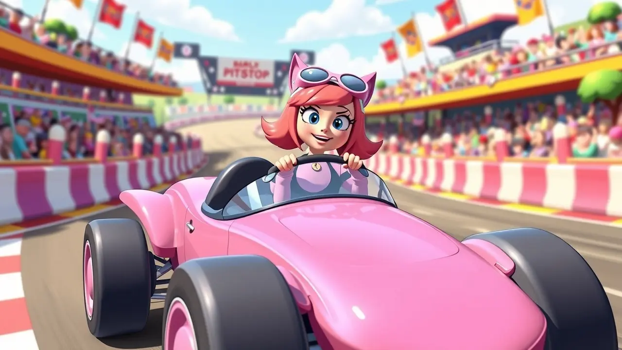 Penélope Charmosa dirigindo seu carro cor-de-rosa.