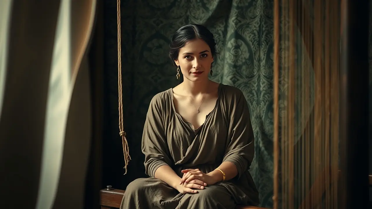 Penélope serena tecendo em seu tear.