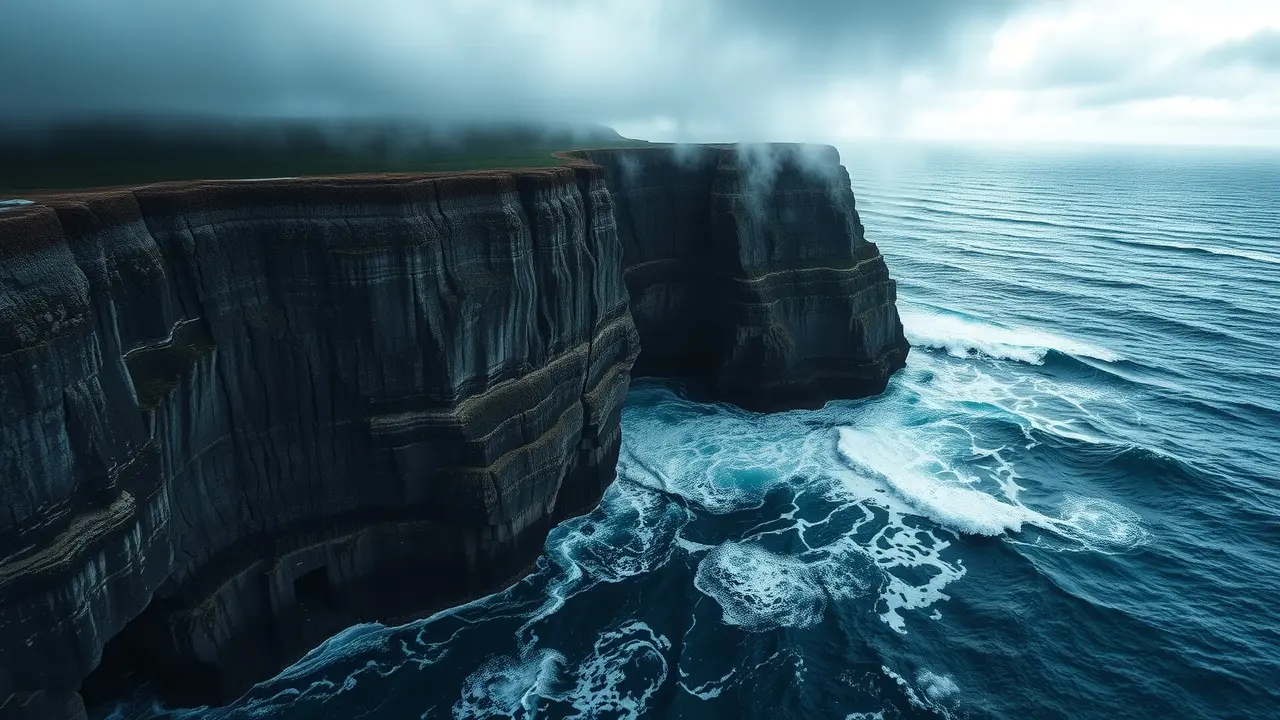 Penhasco rochoso com oceano tempestuoso.