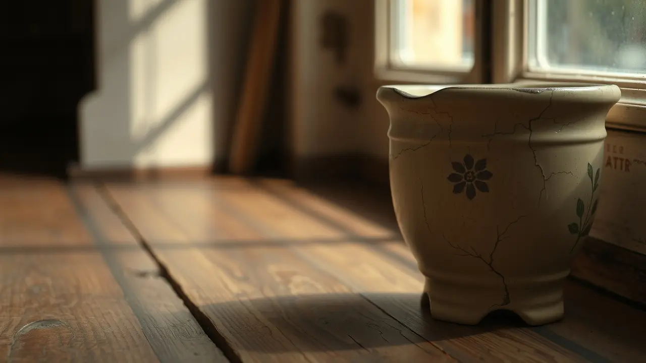 Sonhar com Penico: Descubra o Significado e as Interpretações! Penico antigo de cerâmica em um piso de madeira.