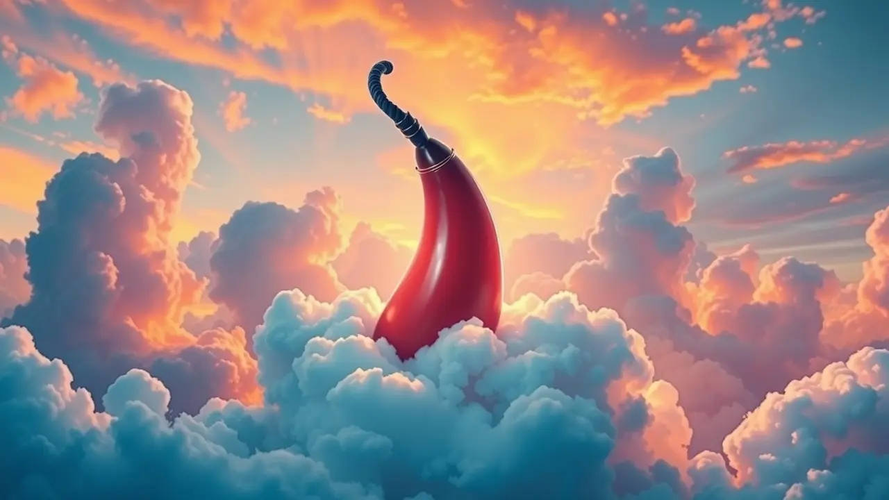 Ilustração onírica de um pênis emergindo das nuvens.