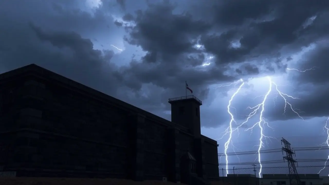 Penitenciária sombria sob céu tempestuoso