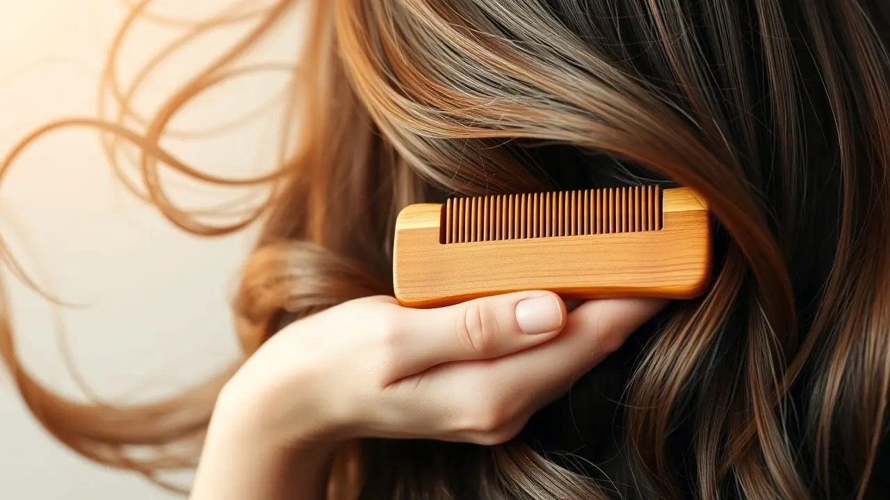 Mão segurando pente de madeira em cabelo exuberante.