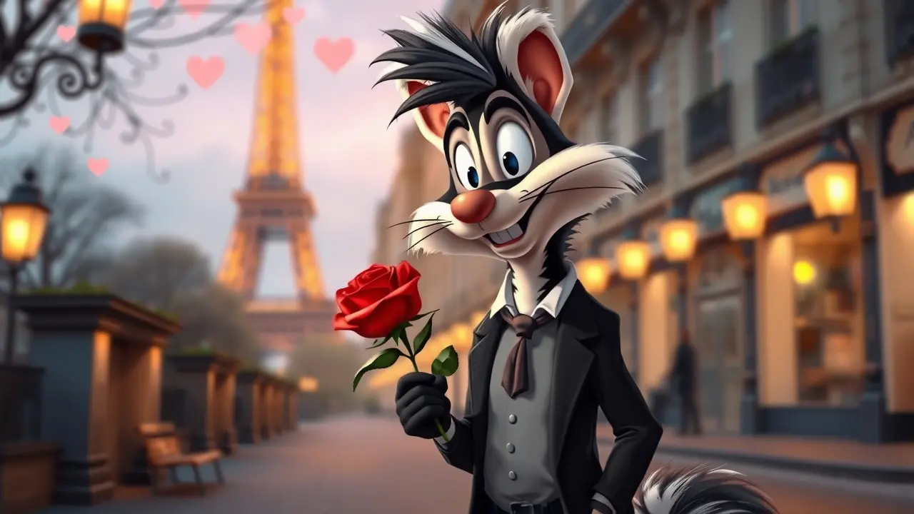 Pepe Le Pew com rosa vermelha em Paris