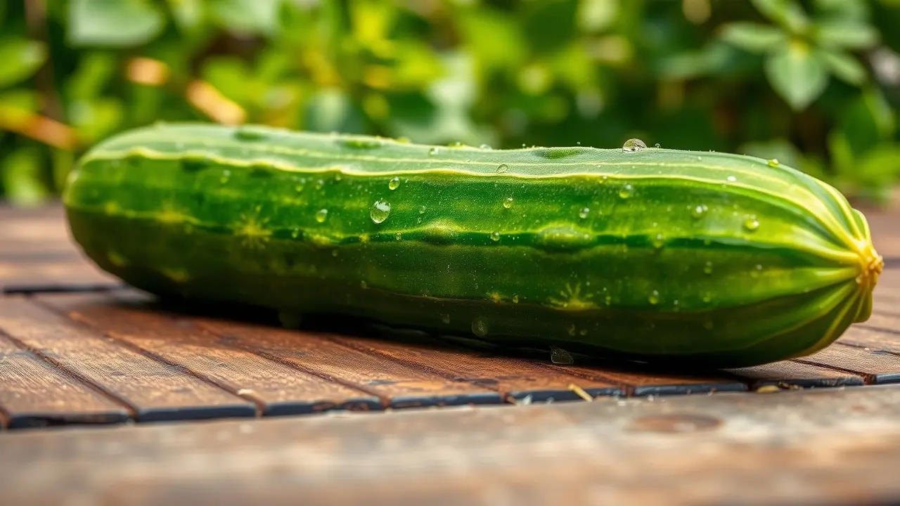 Um pepino verde fresco sobre uma mesa de madeira rústica