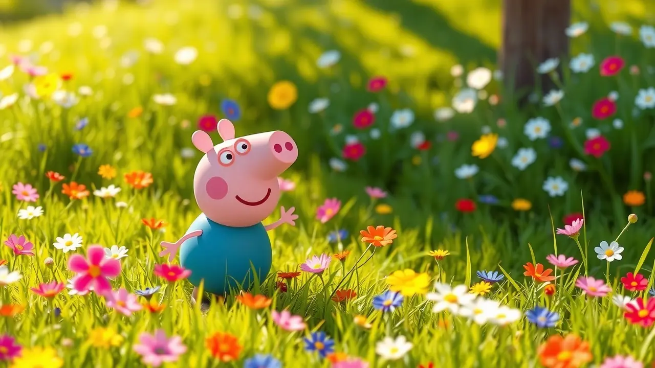 Sonhar com Peppa Pig: Descubra os Significados e Interpretações Peppa Pig brincando em um campo florido.
