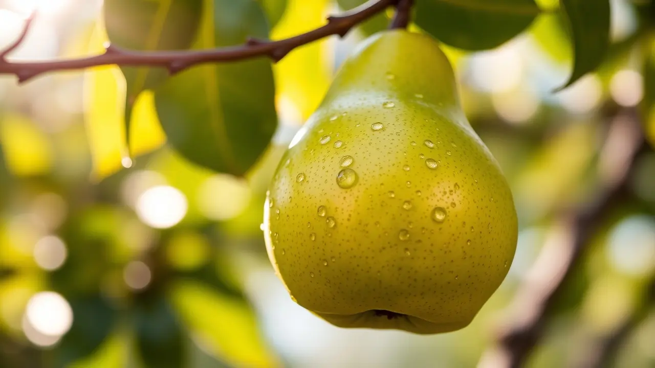 Pera verde e fresca pendurada na árvore