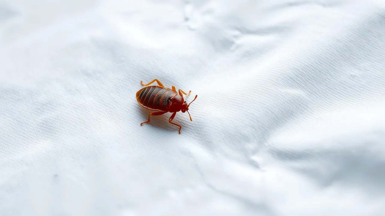 Um percevejo marrom-avermelhado em um lençol branco.