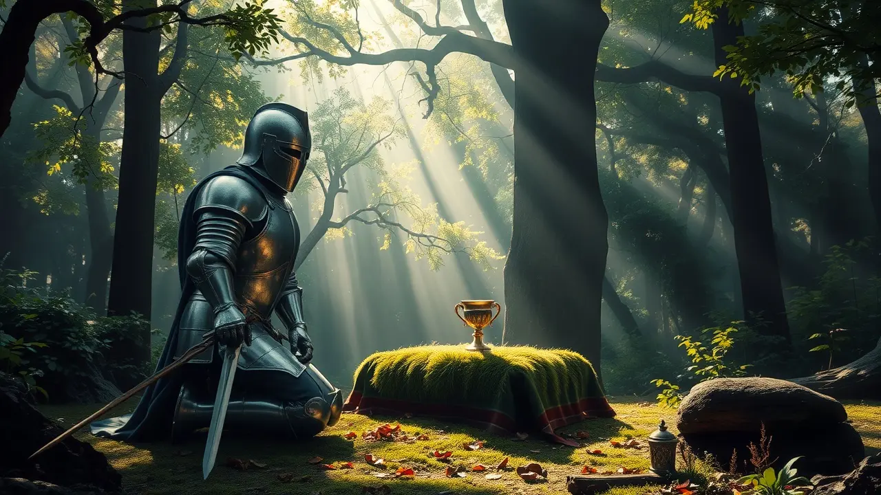 Sonhar com Percival: Desvende os Mistérios e Significados Cavaleiro Percival ajoelhado na floresta