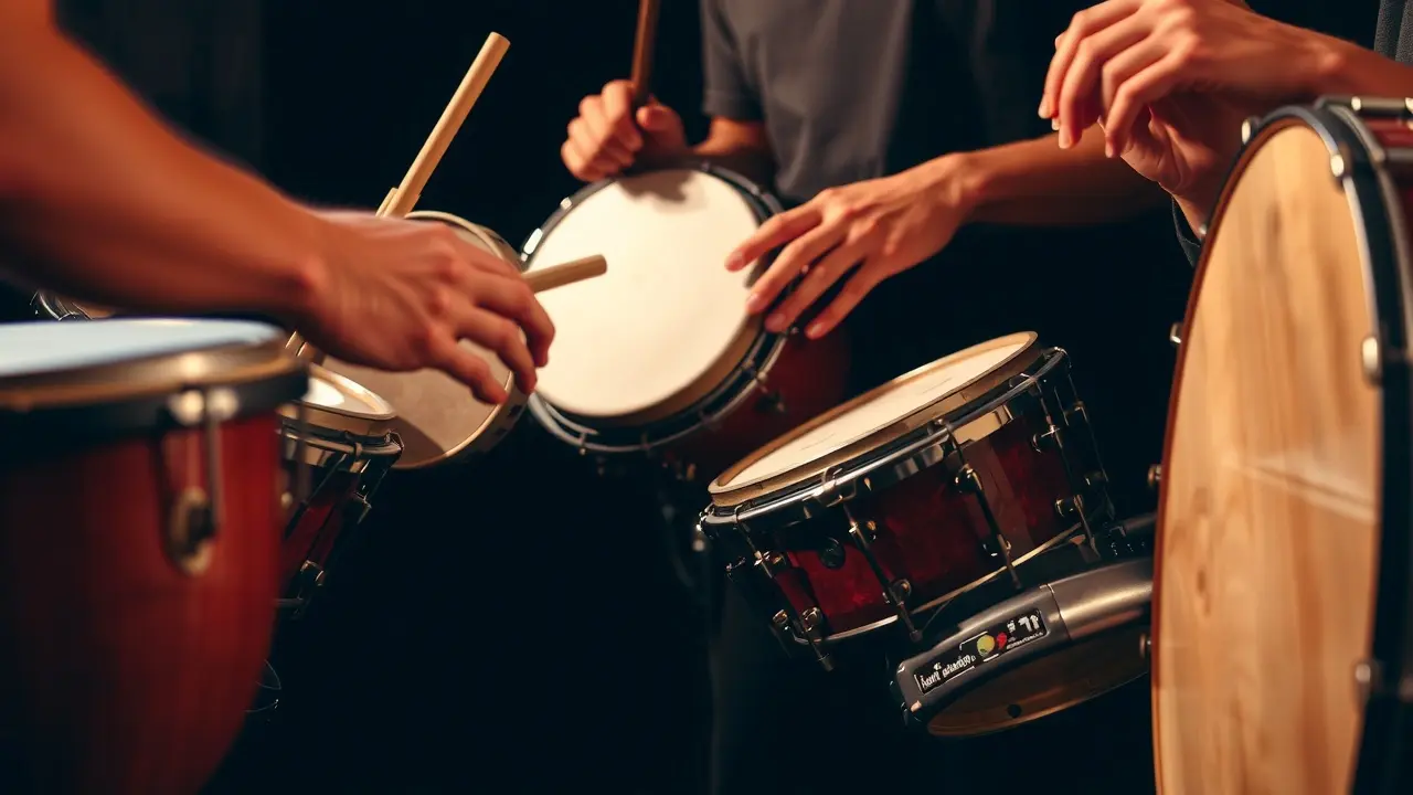 Significado de Sonhar com Percussão: Ritmo, Emoções e Alerta! Mãos tocando instrumentos de percussão.