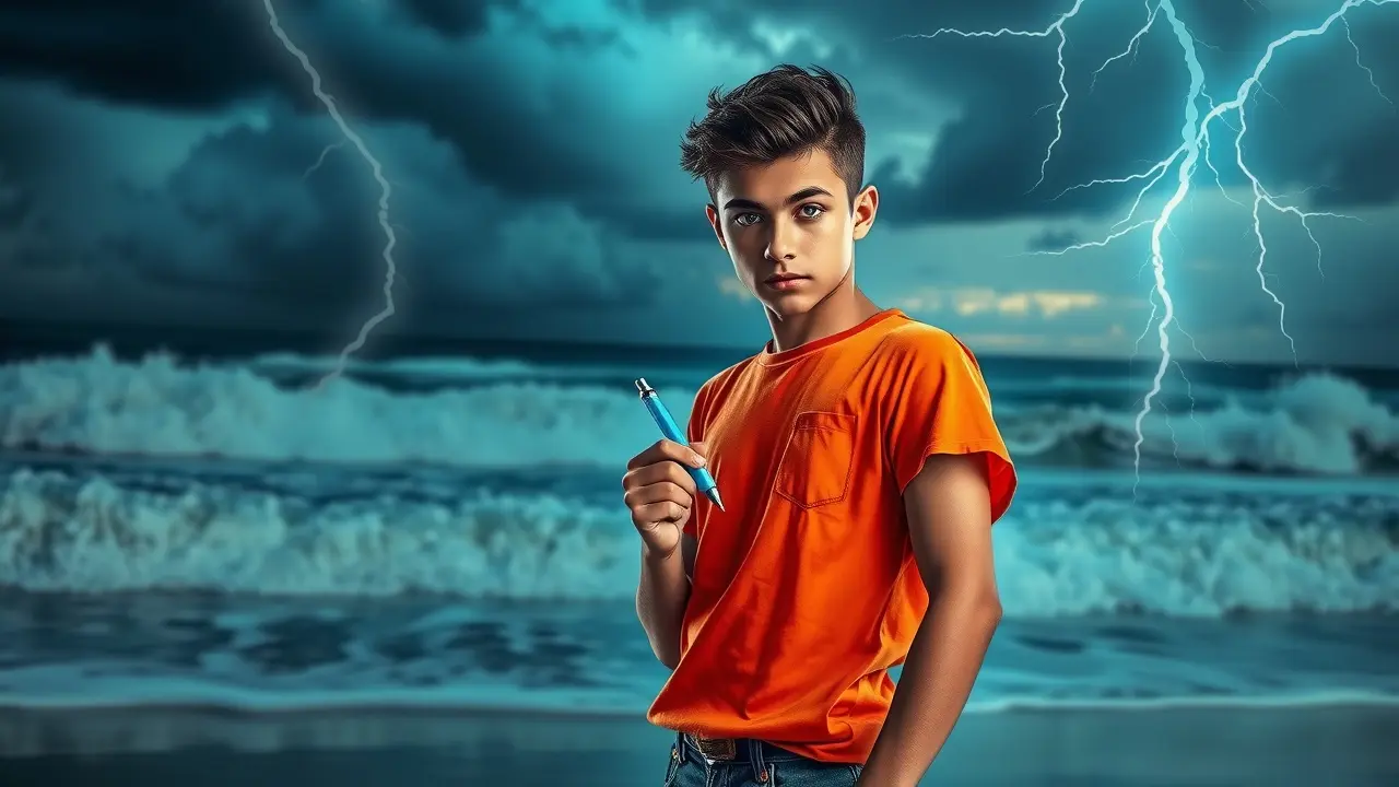 Significado de Sonhar com Percy Jackson: Desvende os Mistérios do Semideus Jovem com Contracorrente na praia, noite tempestuosa.