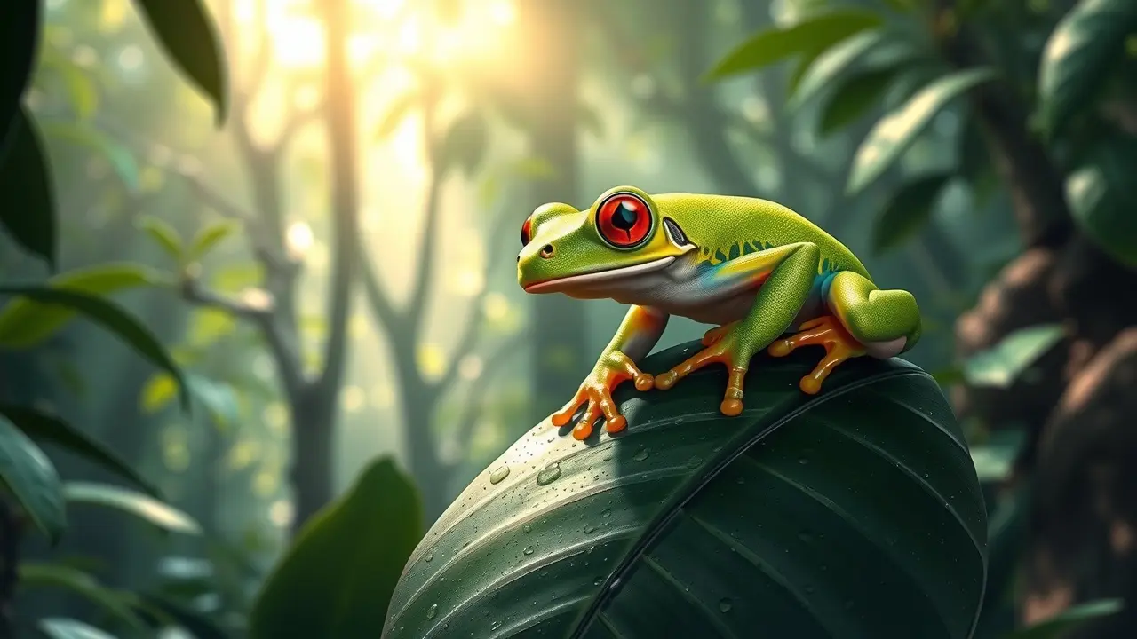 Perereca verde vibrante em folha na floresta