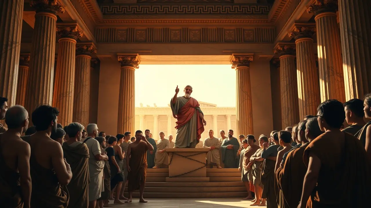 Sonhar com Péricles: Descubra os Significados Ocultos Péricles discursando para a assembleia ateniense.