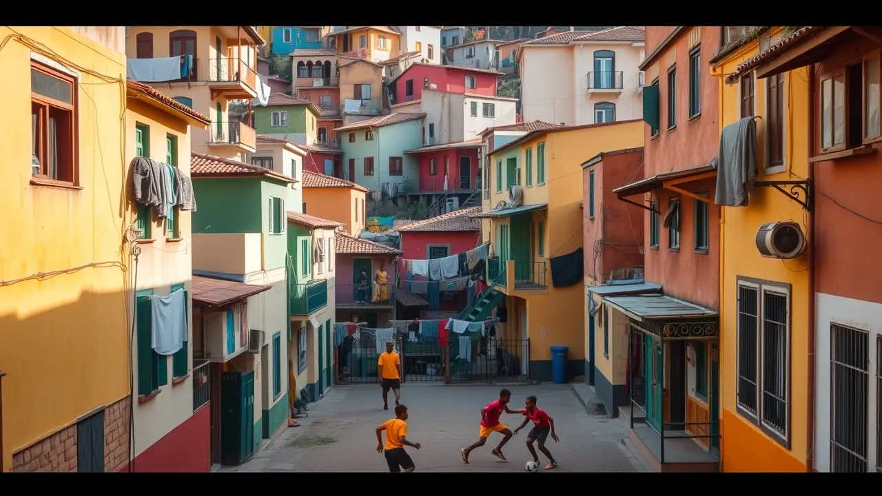 Rua movimentada em favela brasileira.